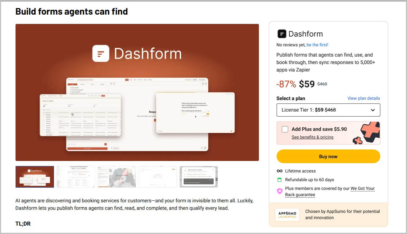 DashForm lifetime deal landing page on Appsumo