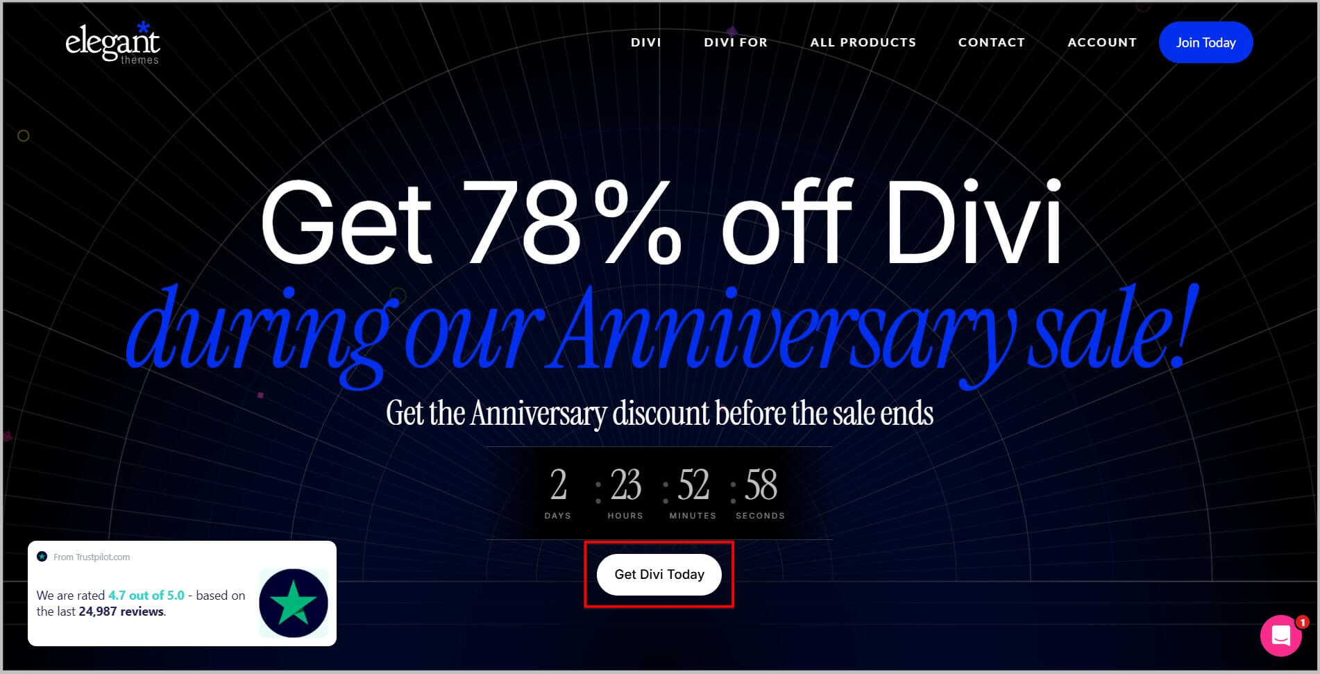 Divi pricing page during Anniversary sale
