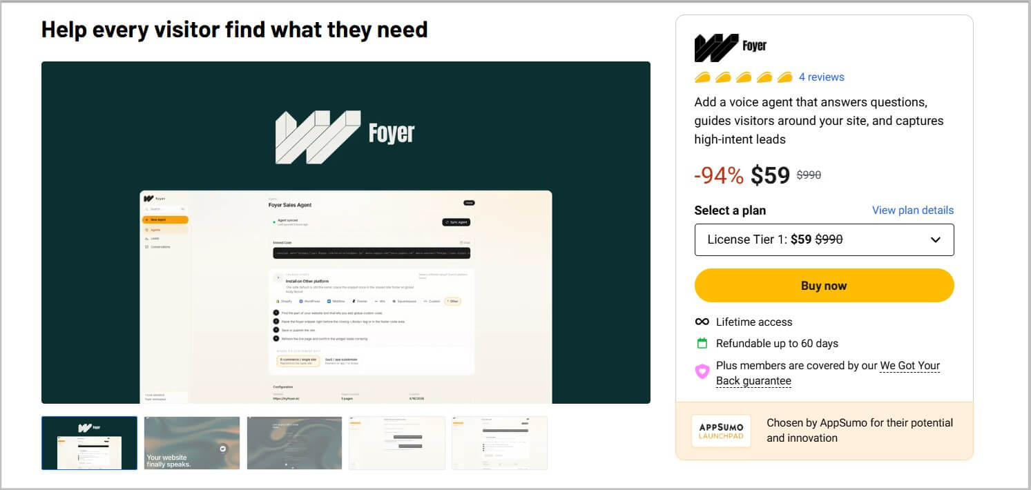 Foyer lifetime deal landing page on Appsumo
