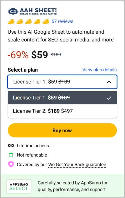 Select AahSheet lifetime plan