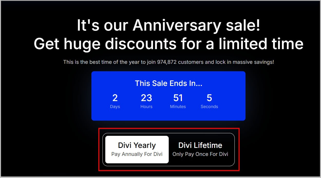 Select if you want to buy Annual or lifetime plans during Divi anniversary sale